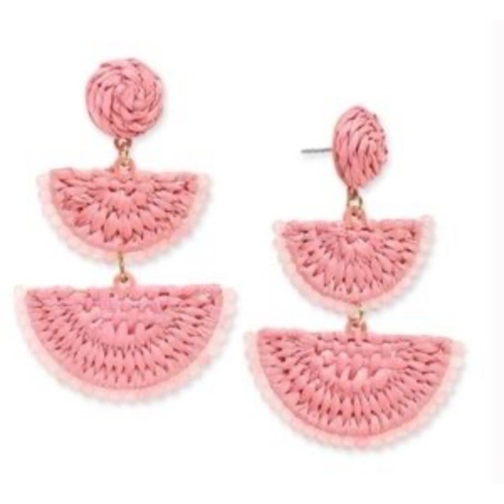 On 34th Woven Raffia and Seed Bead Dangle Earrings Pink Multi New with Tags